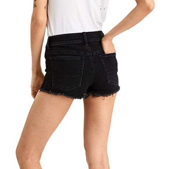 American Eagle Denim Cutoff Lace Hi-Rise Shortie Jean Shorts Black Size 4 - Picture 2 of 8